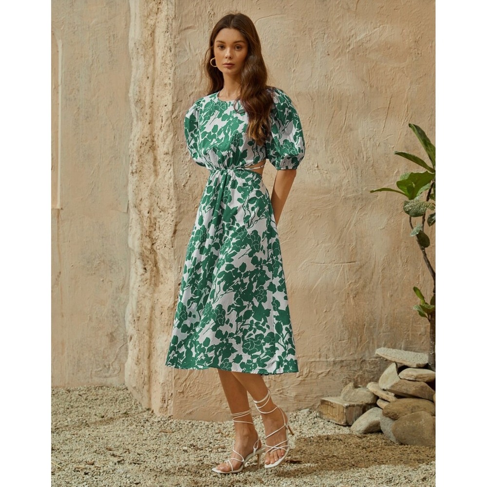 Green White Floral Garden Midi Wrap Dress Puff Sleeves Shea McGee Inspired SZ XL - Picture 2 of 16